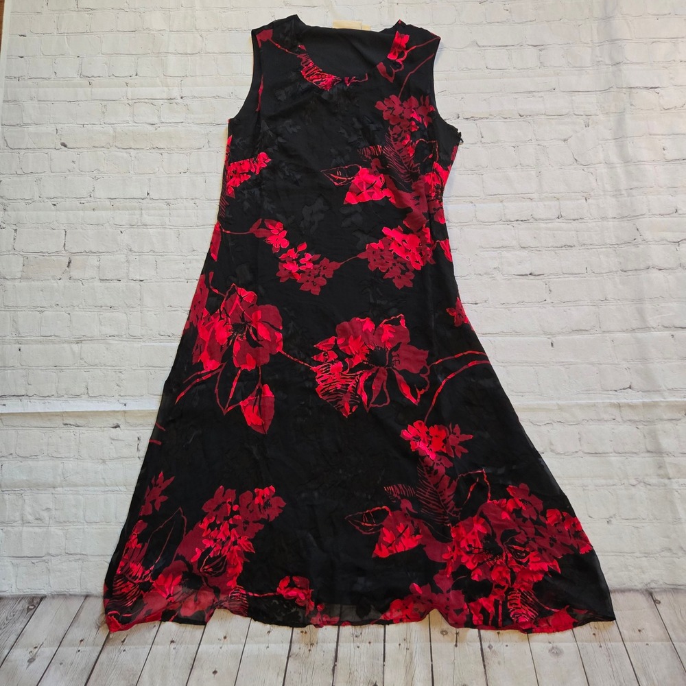 Norm Thompson Silk Blend Burnout Floral Midi Dress Red Black Sleeveless 10P